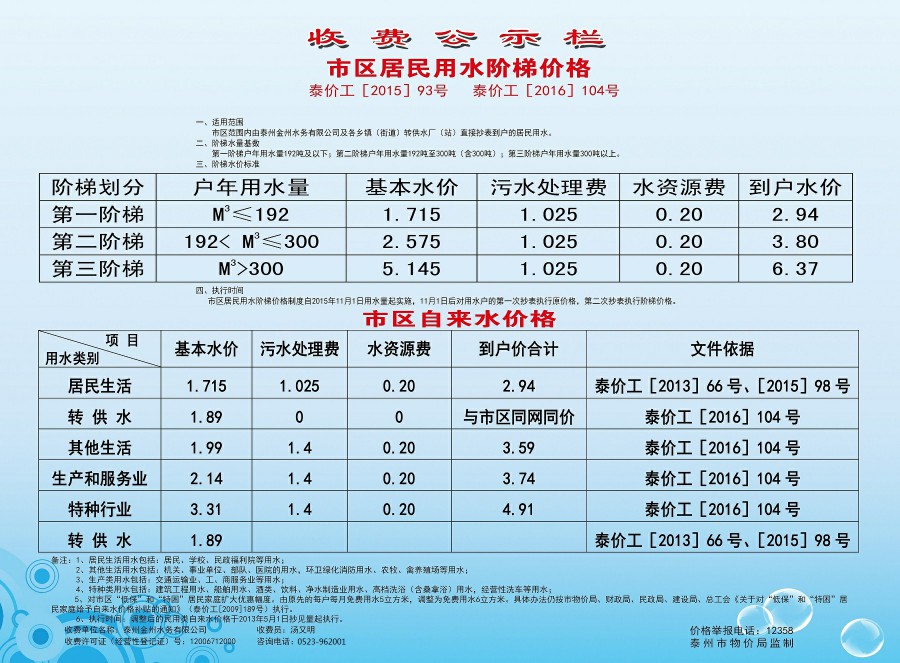 泰州自來水收費(fèi)標(biāo)準(zhǔn)